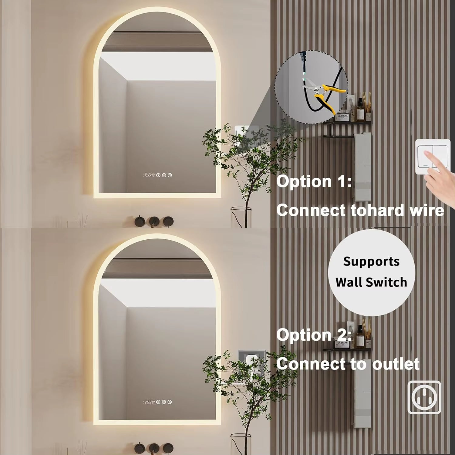 Backlit Smart LED Bathroom Mirror: 36 X 24 Inch Arched Dimmable 3 Colors Anti-Fog Lighted Mirrors with Time Temperature - CRI95