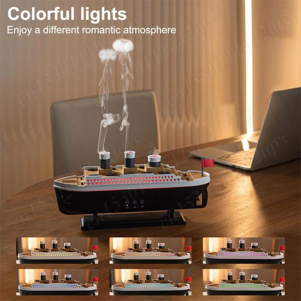 250Ml Titanic Ship Model Air Humidifier Essential Oil Diffuser Jellyfish Smoke Ring Spray Aroma Diffuser Night Light for Home