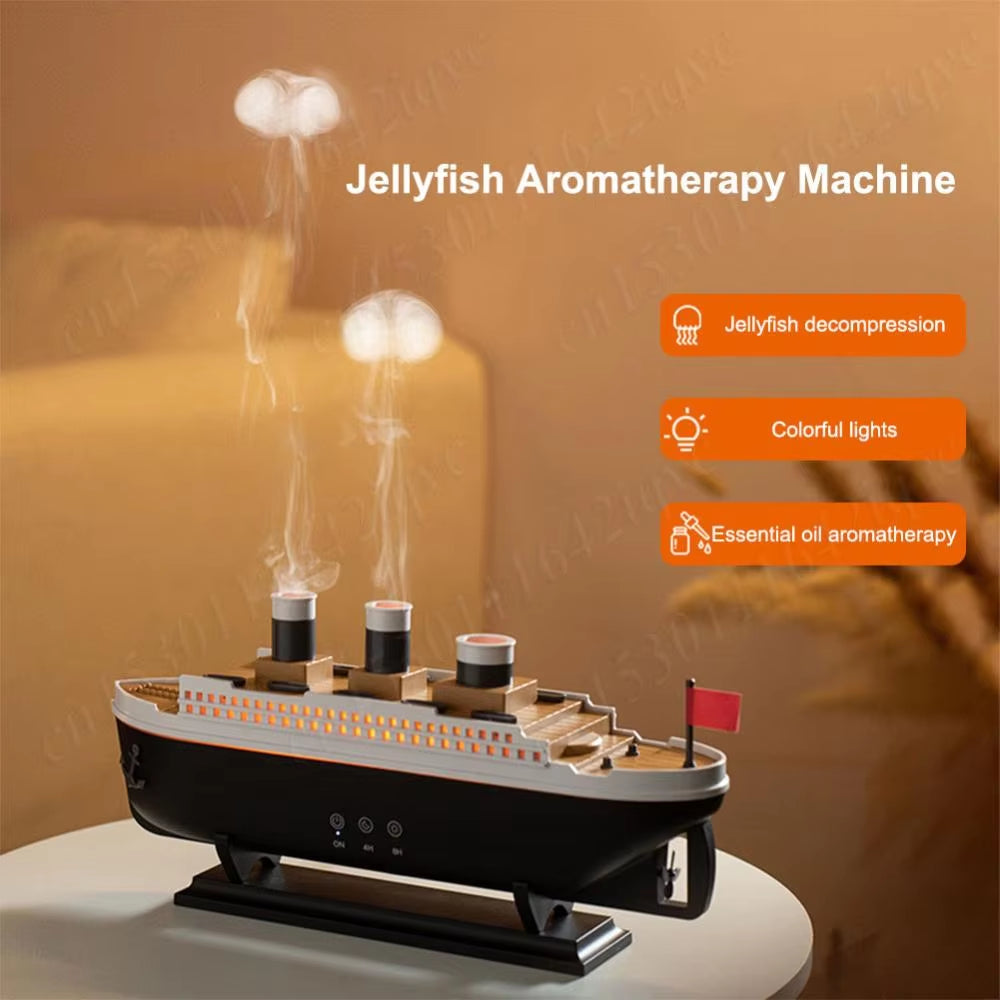 250Ml Titanic Ship Model Air Humidifier Essential Oil Diffuser Jellyfish Smoke Ring Spray Aroma Diffuser Night Light for Home