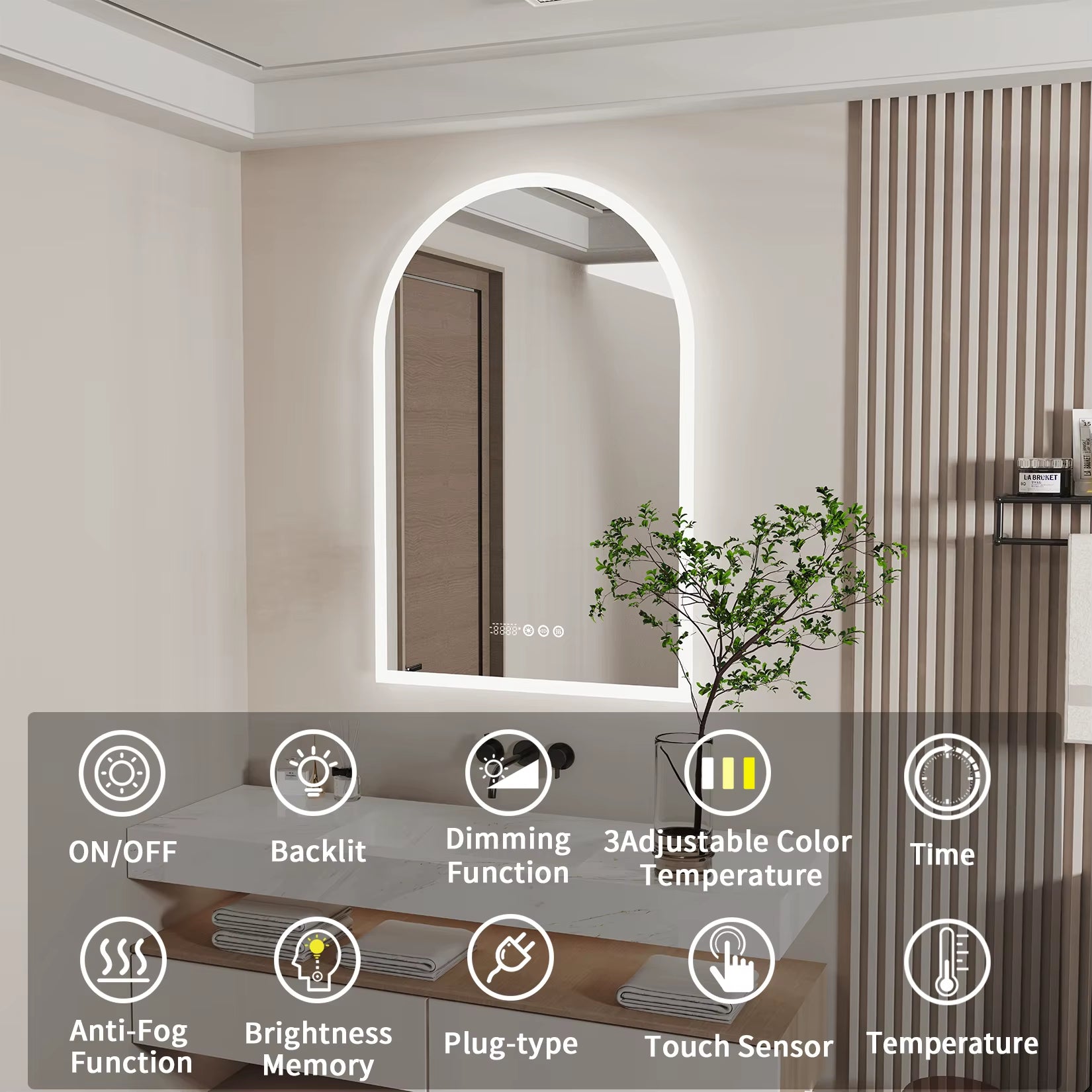 Backlit Smart LED Bathroom Mirror: 36 X 24 Inch Arched Dimmable 3 Colors Anti-Fog Lighted Mirrors with Time Temperature - CRI95